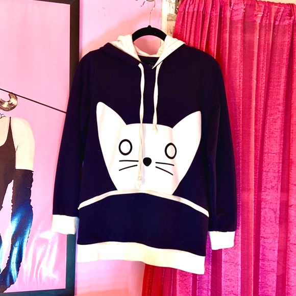 Forever 21 Navy Blue Cat Ear Hoodie Novelty Pullover Sweatshirt Women’s Large - Picture 2 of 4